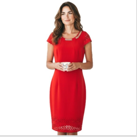 Women's Red Dress NEW Gold Chain Sz 10 CutOut Hem/Sleeve JM Studio By John Meyer - Picture 5 of 15